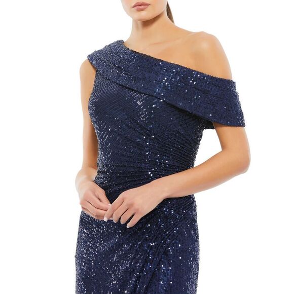 Ieena Mac Duggal NWT One-Shoulder Ruched Sequined Gown in Midnight Size 8 - Picture 3 of 8